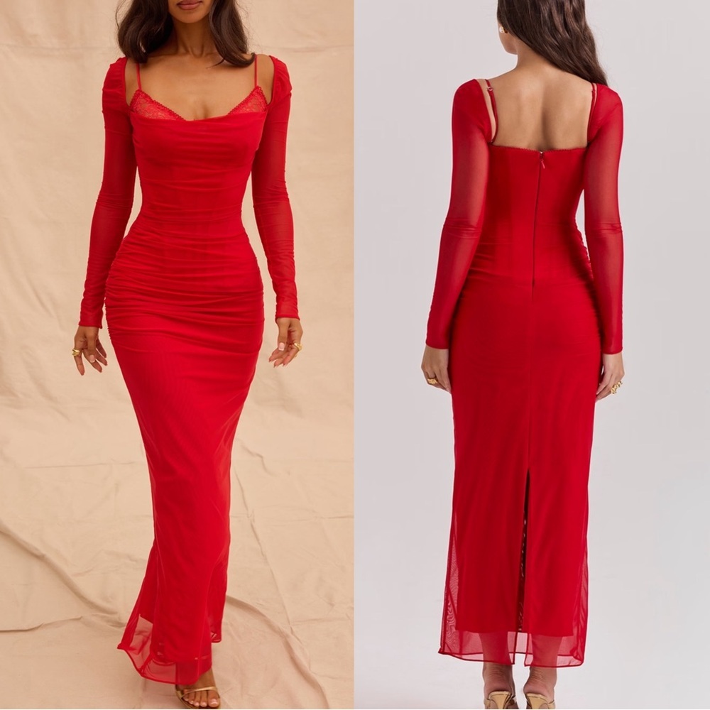 House of CB Red Long Sleeve Midi Dress